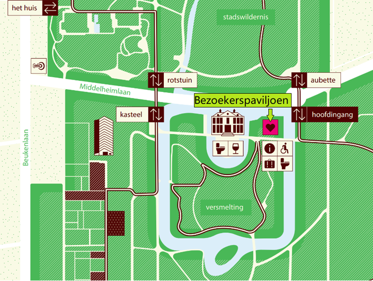 Getekend grondplan van groot deel van kunstpark Middelheimmuseum
