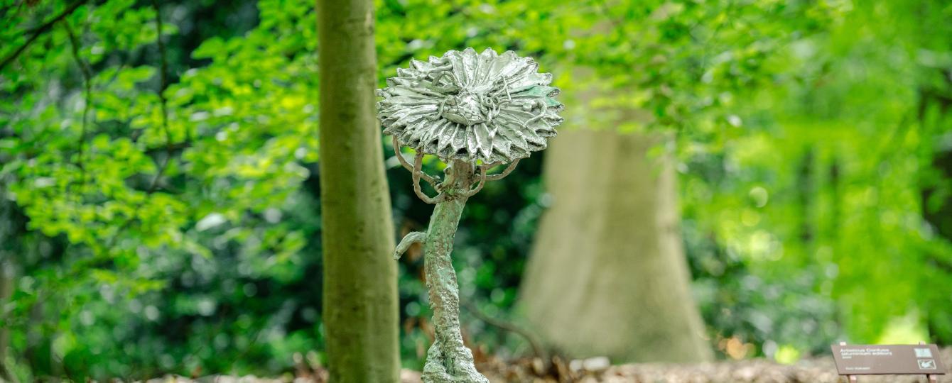 Grillige aluminium bloem omgeven door een bladertapijt en bomen