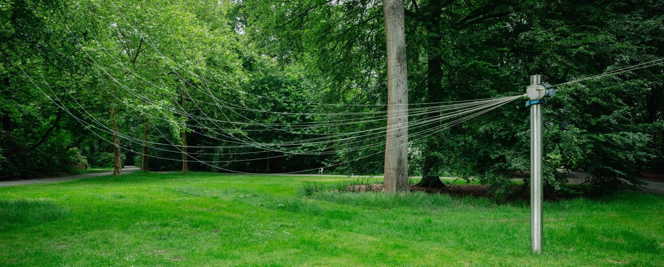 Zicht op grasveld met bomen en het kunstwerk Shouting is Breathing van Honoré d'O met paal en draden van en naar de bomen
