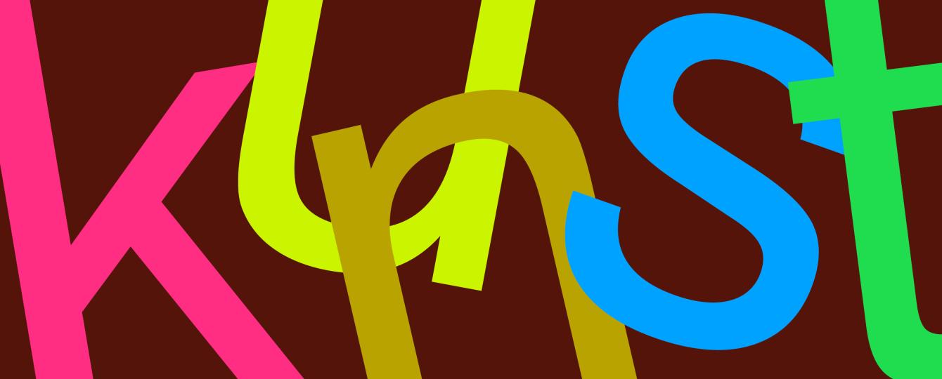 Cover kunstkaarten secundair onderwijs met letters kunst in verschillende kleuren op bruine achtergrond