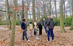 Groepje volwassenen rond het kunstwerk Artisticus Confusa in het park