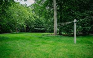 Zicht op grasveld met bomen en het kunstwerk Shouting is Breathing van Honoré d'O met paal en draden van en naar de bomen