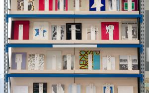 Zicht op boekenrek met selectie kunstboeken
