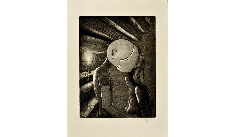 Ets Man en vrouw met kaarslicht van Roger Van Akelijen